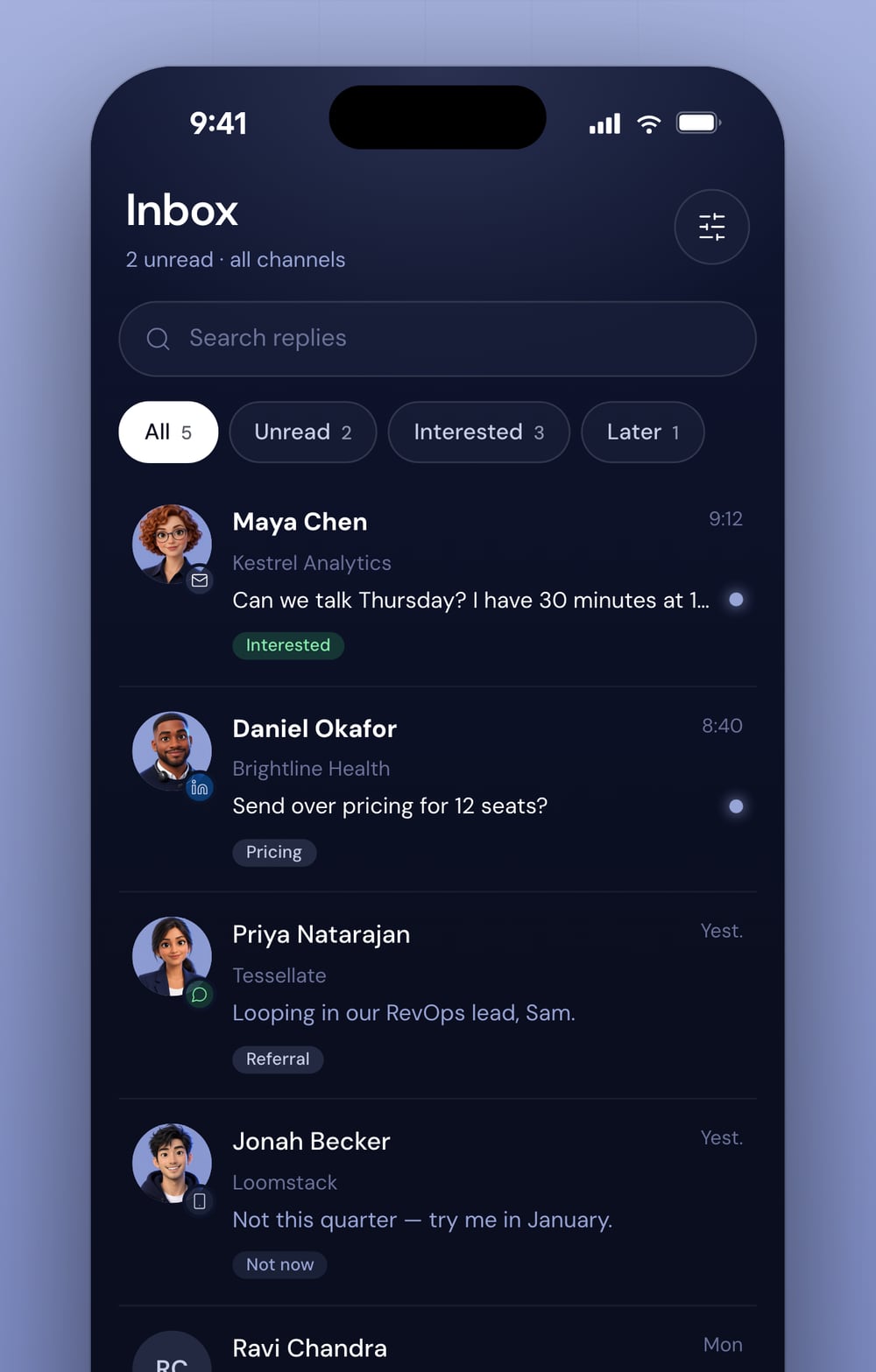 Unified inbox in the Leadey app